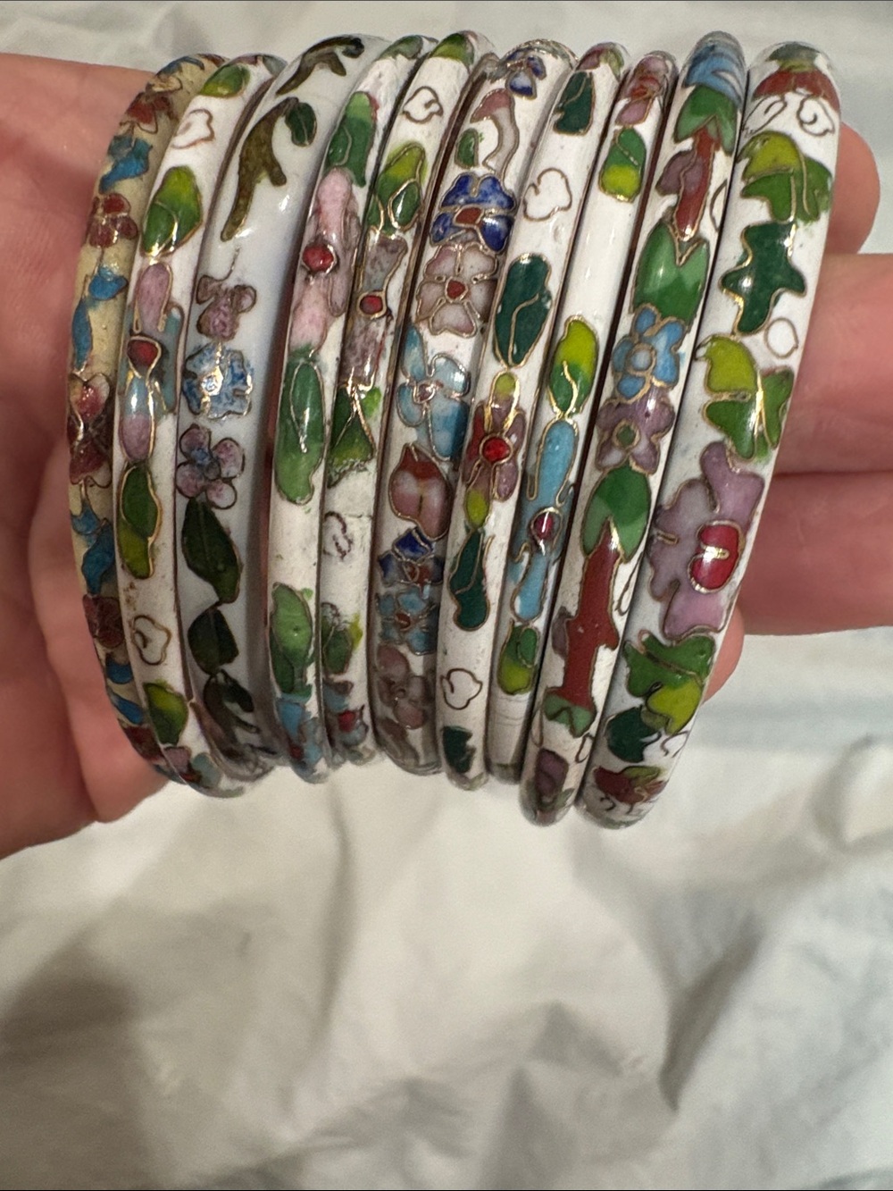 10 Pc Stack Floral Cloisonné White Enamel Bangle Set - Multi-Color Flower Design